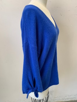 Womens, Pullover, VELVET, Cerulean Blue, Cashmere, Solid, XS, Knit, Wide 3/4 Sleeves with Self Bow Ties, Wide V-neck, Boxy Loose Fit
