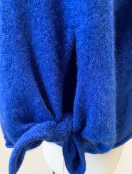 Womens, Pullover Sweater, VELVET, Cerulean Blue, Cashmere, Solid, XS, Knit, Wide 3/4 Sleeves with Self Bow Ties, Wide V-neck, Boxy Loose Fit