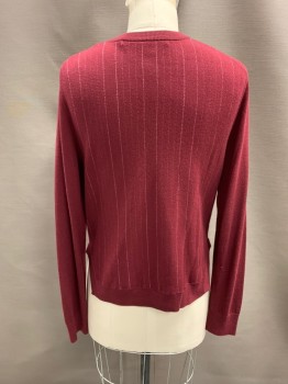 Womens, Sweater, MARC JACOBS, Red Burgundy, Nylon, Spandex, S/P, CN, Single Breasted, Button Front, Half Circle Split Hem On Sides, White Stripes On Back, Hole On Left Shoulder