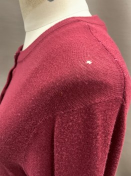 Womens, Sweater, MARC JACOBS, Red Burgundy, Nylon, Spandex, S/P, CN, Single Breasted, Button Front, Half Circle Split Hem On Sides, White Stripes On Back, Hole On Left Shoulder