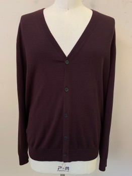 Mens, Cardigan Sweater, UNIQLO, Wine Red, Wool, Solid, XL, L/S, V Neck, Button Front,