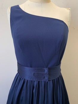 Womens, Evening Gown, VERA WANG, Navy Blue, Polyester, Solid, 2, One Shoulder Strap, Side Pockets, Front Side Slit, Pleated Skirt, Back Zipper, with Matching Belt