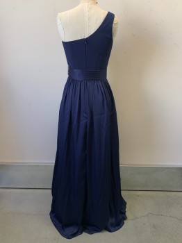 Womens, Evening Gown, VERA WANG, Navy Blue, Polyester, Solid, 2, One Shoulder Strap, Side Pockets, Front Side Slit, Pleated Skirt, Back Zipper, with Matching Belt