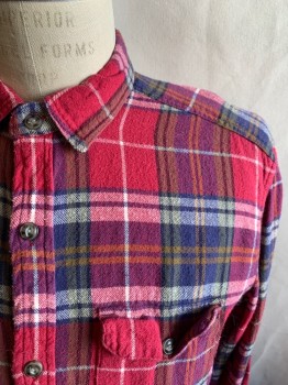 STAPLEFORD, Red, Navy Blue, White, Turmeric Yellow, Cotton, Plaid, Flannel, Button Front, Collar Attached, 2 Flap Patch Pockets, Long Sleeves, Button Cuff