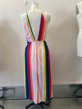 LUSH, Red, Pink, Teal Blue, Yellow, White, Polyester, Stripes - Vertical , Spaghetti Strap, Surplice Bodice with Snap CF, Built In Half Slip, Back Zip, Side Slit, Hem Below Knee