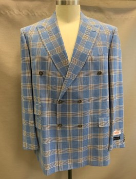Mens, Suit, Jacket, TIGLIO ROSSO, Cornflower Blue, Cream, Navy Blue, Wool, Plaid, 48L, Double Breasted, Peaked Lapel, 4 Pockets