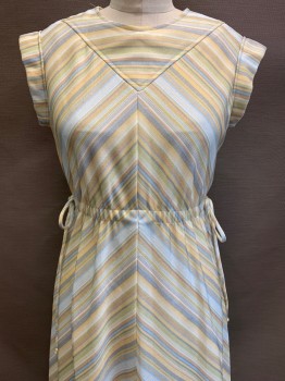 N/L, Yellow, Lt Green, Lt Blue, Gray, Polyester, Stripes - Diagonal , Cap Sleeves, Round Neck, V Shaped Yoke At Chest, Elastic Waist With Ties At Waist, Knee Length