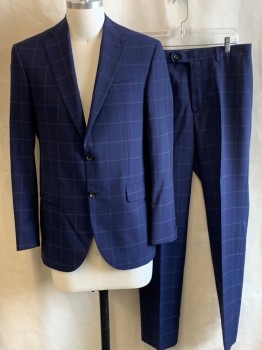 MALIBU CLOTHES, Navy Blue, Blue, Gray, Wool, Check , Notched Lapel, 2 Bttn Single Breasted, 3 Pckts, Double Back Vent