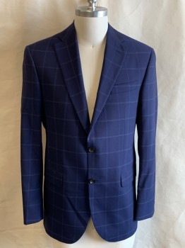 MALIBU CLOTHES, Navy Blue, Blue, Gray, Wool, Check , Notched Lapel, 2 Bttn Single Breasted, 3 Pckts, Double Back Vent