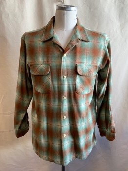 PENDELTON, Brown, Sage Green, Cream, Wool, Plaid, Button Front, Collar Attached, 2 Flap Pockets, Long Sleeves, Button Cuff, 50's Retro