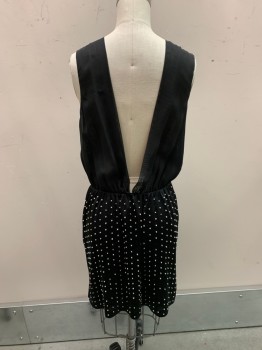 Womens, Cocktail Dress, BEBE, Black, Polyester, S, All Over Silver Beads, Surplice, Sleeveless, Gathered At Waist, Hem Above Knee