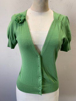 ANN TAYLOR LOFT, Lime Green, Rayon, Nylon, Solid, Knit, 1/2 Sleeves, V-Neck with Ruched Shoulders, Organza Rosette at Right Shoulder, Covered Buttons