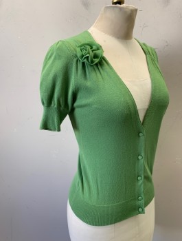 ANN TAYLOR LOFT, Lime Green, Rayon, Nylon, Solid, Knit, 1/2 Sleeves, V-Neck with Ruched Shoulders, Organza Rosette at Right Shoulder, Covered Buttons