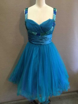 Womens, Cocktail Dress, CHICAS, Teal Blue, Blue, Green, Synthetic, Polyester, Solid, W 26, B 32, Teal Blue Net Gathered/pleat Top W/iridescent Blue, Green Sequins 1" Straps, Princess Neckline, Teal Gathered Bodice, Green, Blue Netting W/turquoise Lining, Zip Back. Multiples,