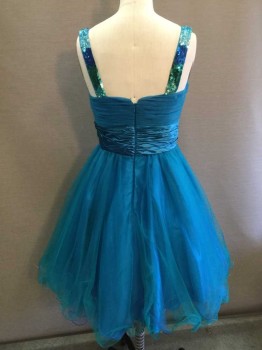 CHICAS, Teal Blue, Blue, Green, Synthetic, Polyester, Solid, Teal Blue Net Gathered/pleat Top W/iridescent Blue, Green Sequins 1" Straps, Princess Neckline, Teal Gathered Bodice, Green, Blue Netting W/turquoise Lining, Zip Back. Multiples,