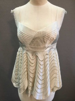 BCBG MAX AZRIA, Cream, Polyester, Spaghetti Strap, Cream Satin Bust with 1/8" Pleats,  Empire Waist, Curved Layers Of Satin Over Sheer Net From Waist To Hem