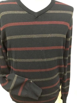 Mens, Pullover Sweater, BOWEN & WRIGHT , Navy Blue, Maroon Red, Heather Gray, Cotton, Stripes - Horizontal , Heathered, L, Navy W/maroon & Heather Gray Horizontal Stripes, V-neck, Long Sleeves,