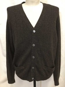 Mens, Cardigan Sweater, CHARTER CLUB, Dk Brown, Wool, Solid, M, Wide Rib Knit, 5 Button Front, V-neck, 2 Pockets,