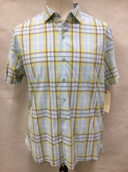 TOMMY BAHAMA, Lt Blue, Yellow, Brown, Navy Blue, Gray, Cotton, Spandex, Plaid, Multi Color Plaid, Button Front, Collar Attached, Short Sleeve,