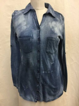 Womens, Top, Fire Los Angeles, Denim Blue, Cotton, S, Button Front, V Neck Collar Attached,  2 Pockets, Long Sleeves,