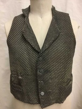 N/L, Dk Brown, Tan Brown, Cotton, Check , Checker Board Pattern/Texture Tapestry Like Material, Notched Collar, 5 Silver Metal Buttons, 2 Welt Pockets, Dusty Brown Pinstripe Lining & Back, Very Worn/Aged Throughout, 1800's