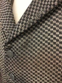 N/L, Dk Brown, Tan Brown, Cotton, Check , Checker Board Pattern/Texture Tapestry Like Material, Notched Collar, 5 Silver Metal Buttons, 2 Welt Pockets, Dusty Brown Pinstripe Lining & Back, Very Worn/Aged Throughout, 1800's