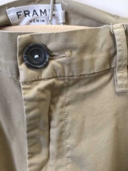Mens, Casual Pants, FRAME, Tan Brown, Cotton, Spandex, Solid, Ins:31, W:32, Ribbed Twill, Flat Front, Zip Fly, 4 Pockets, Slim Leg
