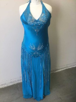 Womens, Evening Gown, INTERLUDE, Turquoise Blue, Silver, Metallic, Polyester, Beaded, Solid, Geometric, XXL, Satin, with Blue/Silver Beading and Sequins at Bust/Halter Straps, with Hanging Beaded Tassles at Center Front Bust, Self Tie Halter Straps, Lightly Padded Bust, Dropped Waist with Hanging Blue and Silver Beads, Chiffon Mermaid Hem
