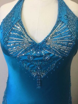 Womens, Evening Gown, INTERLUDE, Turquoise Blue, Silver, Metallic, Polyester, Beaded, Solid, Geometric, XXL, Satin, with Blue/Silver Beading and Sequins at Bust/Halter Straps, with Hanging Beaded Tassles at Center Front Bust, Self Tie Halter Straps, Lightly Padded Bust, Dropped Waist with Hanging Blue and Silver Beads, Chiffon Mermaid Hem