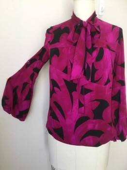 Womens, Blouse, DVF, Fuchsia Pink, Red, Black, Silk, Lycra, Abstract , 8, Fuchsia, Red, Black Abstract Print, Yoke, Collar Attached W/self Neck Tie, 5 Black Cover Hidden Button Front,  Pullover, Bell Long Sleeves,