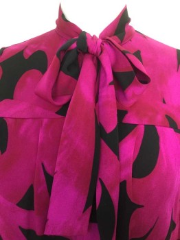 Womens, Blouse, DVF, Fuchsia Pink, Red, Black, Silk, Lycra, Abstract , 8, Fuchsia, Red, Black Abstract Print, Yoke, Collar Attached W/self Neck Tie, 5 Black Cover Hidden Button Front,  Pullover, Bell Long Sleeves,