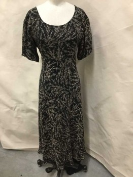 DKNY, Black, Tan Brown, Silk, Floral, Sheer Black W/tan Tiny Branches and Leaves, Round Neck,  Short Sleeves, 3/4 Length, W/self Attached Waist Belt