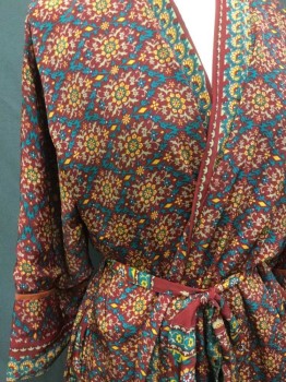 KARMA HIGHWAY, Red Burgundy, Teal Blue, Goldenrod Yellow, Beige, Rust Orange, Viscose, Geometric, Floral, Fully Lined Slinky Robe, 2 Pockets, No Collar, Matching Belt Tie