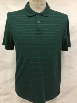 VAN HEUSEN, Dk Green, Off White, Cotton, Polyester, Stripes - Horizontal , Dark Forrest Green with 4 Heather Off White Horizontal Stripes, Solid Dark Green Collar Attached, 2 Button Front, Short Sleeves,