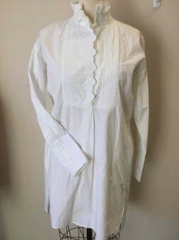 Womens, Dress, Long & 3/4 Sleeve, ISABEL ETOILE, White, Cotton, Solid, 4, White, Pleat/embroidery Collar Attached & Front Center Yoke, 3 Hidden Button Front, 2 Side Pockets, Long Sleeves, Curve Side Split & Uneven Hem