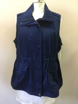 Womens, Vest, ST. JOHNS BAY, Navy Blue, Cotton, Solid, 3X, Lightweight Outerwear Vest, Zip/Snap Front, C.A., Epaulets, Interior Drawstring Waist, 2 Flap Pockets
