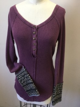 FREE PEOPLE, Plum Purple, Dk Gray, Heather Gray, Baby Blue, Cotton, Polyester, Heathered, Heather Plum Waffle, Large Wide Round Neck,  5 Light Brown Button Front, Raglan Long Sleeves, with 8" Panel Knit Gray with Heather Zig-zag Pattern W/baby Blue Hand Stitches Hem