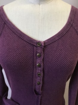 Womens, Top, FREE PEOPLE, Plum Purple, Dk Gray, Heather Gray, Baby Blue, Cotton, Polyester, Heathered, XS, Heather Plum Waffle, Large Wide Round Neck,  5 Light Brown Button Front, Raglan Long Sleeves, with 8" Panel Knit Gray with Heather Zig-zag Pattern W/baby Blue Hand Stitches Hem