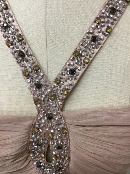 Womens, Cocktail Dress, FOREVER 21, Taupe, Nylon, Polyester, Solid, 6, Sheer Empire Waist, Gather Skirt, Mini, Lined, Straps Make Peep Hole at Bust, Beads and Rhinestones, Side Zip