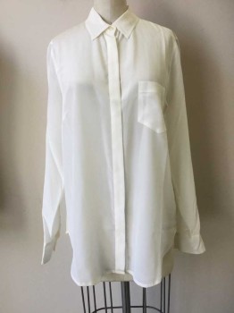 JCREW, White, Silk, Solid, White, Button Front, Collar Attached, Long Sleeves, 1 Pocket,
