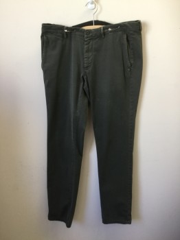 Mens, Casual Pants, MASON'S, Dk Olive Grn, Cotton, Solid, 32, 36, Gray-ish, Flat Front, 5 + Pockets, Zip Fly, Belt Loops,
