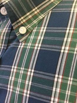 NAUTICA, Navy Blue, Green, White, Red, Black, Cotton, Plaid, Short Sleeve Button Front, Collar Attached, Button Down Collar, 1 Pocket