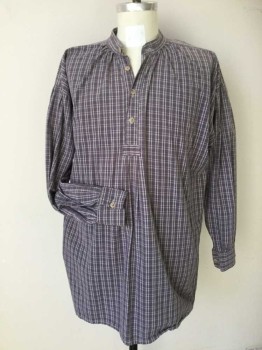 Mens, Historical Fiction Shirt, N/L, Lavender Purple, White, Cream, Cotton, Plaid, 32, 15.5, Working Class Shirt. 4 Buttons Placet Front with Self Collar Band. Blousing Sleeves with Self Cuff. Slits at Side Seam Hemline. Some Sun Fading at Upper Body,