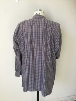 Mens, Historical Fiction Shirt, N/L, Lavender Purple, White, Cream, Cotton, Plaid, 32, 15.5, Working Class Shirt. 4 Buttons Placet Front with Self Collar Band. Blousing Sleeves with Self Cuff. Slits at Side Seam Hemline. Some Sun Fading at Upper Body,