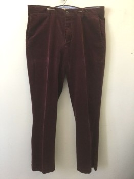 Mens, Casual Pants, POLO RALPH LAUREN, Red Burgundy, Cotton, Elastane, Solid, Ins:34, W:36, Corduroy, Flat Front, Zip Fly, 4 Pockets + 1 Watch Pocket, Straight Leg