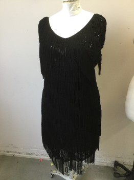 Womens, Cocktail Dress, N/L, Black, Synthetic, Sequins, Stripes - Diagonal , 3XL, Diagonal Tassle Flapper Dress Trim with Sequin Diagonal Panels, V. Neck , Sleeveless