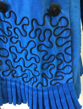 ESSENCE, Royal Blue, Black, Rayon, Acetate, Solid, Novelty Pattern, V-neck, Double Breasted, Black Soutash Squiggly Line Pattern, Knife Pleated Hem & Cuffs
