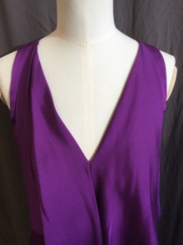 Womens, Cocktail Dress, CO OP, Purple, Silk, Rayon, Solid, 28, 32, 34, Deep V-neck with Butterfly-wing-like Draping Front, Razor Back, Side Zip