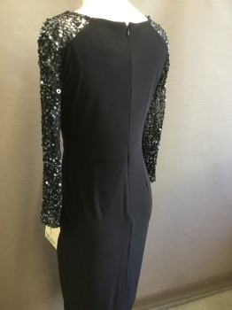 Womens, Cocktail Dress, ADRIANNA PAPELL, Black, Polyester, Elastane, Solid, 4, V-neck, Long Sleeves, Black Sequins Embellished Sleeves. Back Zip