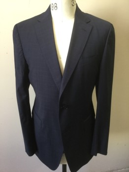 Z. ZEGNA, Navy Blue, Black, Wool, Plaid, Navy with Faint Black Plaid, Single Breasted, Notched Lapel, 2 Buttons, 3 Pockets, Solid Black Lining